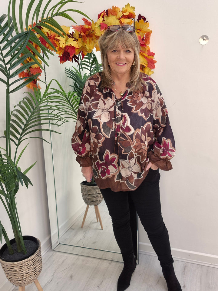 Floral Autumn Blouse - Black/Wine/Chocolate (fits from Size 12/14 to Size 18/20)