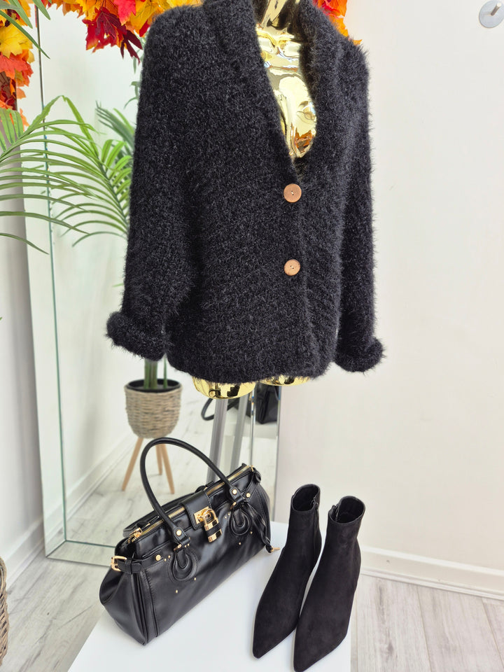 Finley Fluffy Cardigan  - Black (One Size - fits up to Size 14/16)