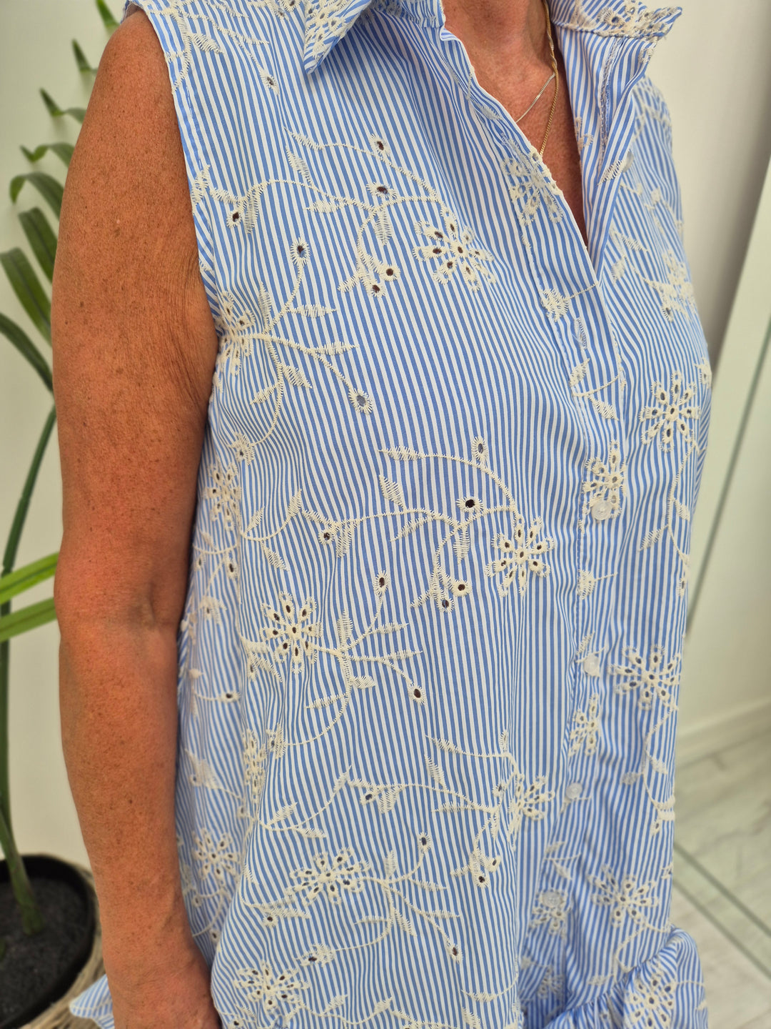 Seville Sleeveless Frilled Hem Dress - (One Size, fitting up to Size 16) - Pale Blue Broderie Anglaise