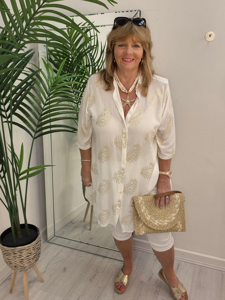 Ibiza Paisley Shirt Dress - White/Gold (Loose Fit)