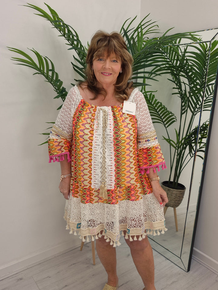 Trinidad Bardot Kaftan/Beach Dress - White/Multi (Oversized)