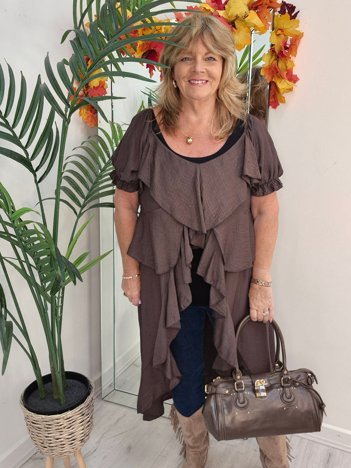 Rhea Ruffle Hi Lo Blouse - Chocolate - One Size fits up to Size 16/18
