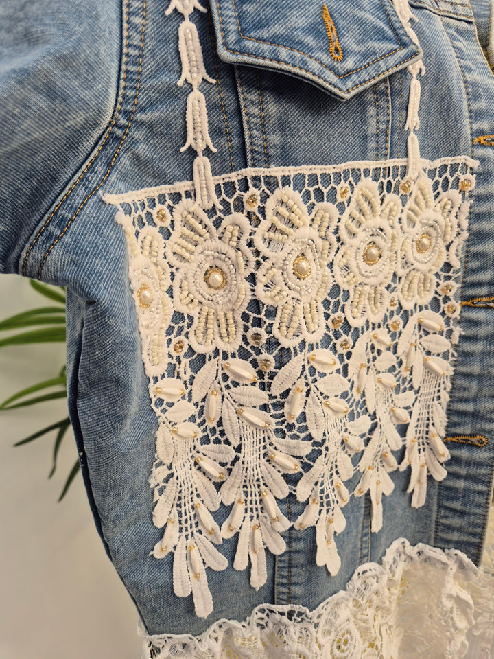 Elle Lace Tassel Denim Jacket - Light/Mid Stonewashed (One Size, fitting from Size 10 up to 14)