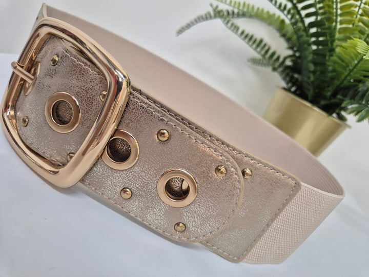 Stretchy Belt with Large Buckle - Gold/Beige