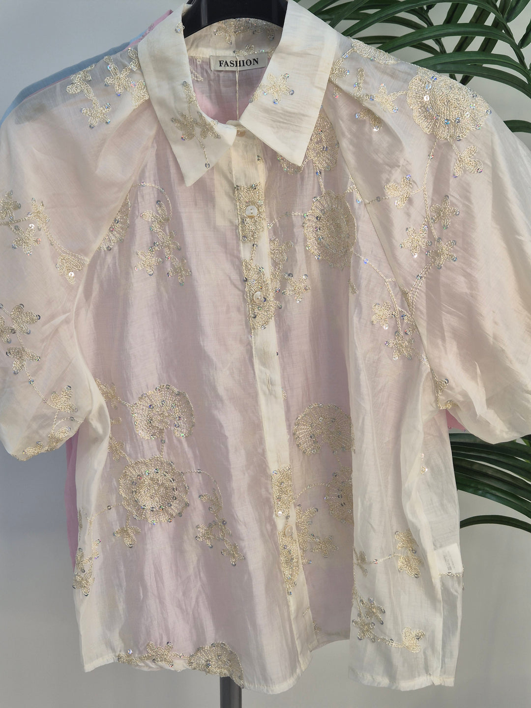 Patsy Puffball Sleeve Sparkly Blouse (One Size, fits from Size 10/12 up to Size 16) - Cream