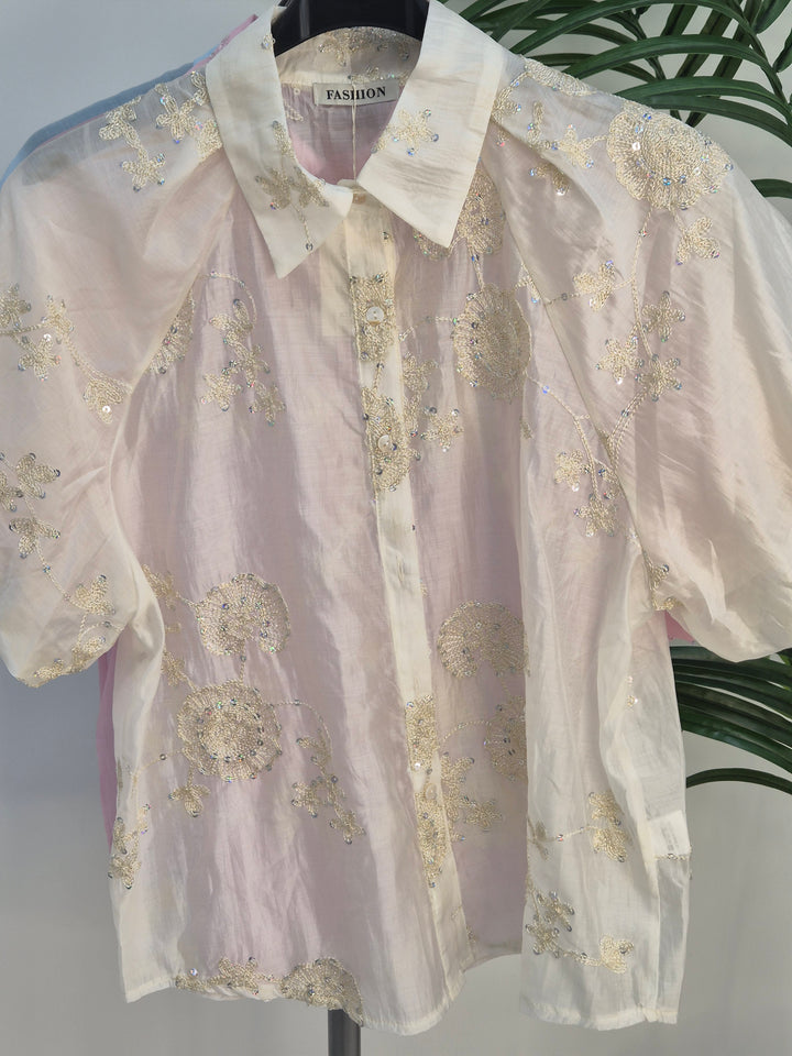 Patsy Puffball Sleeve Sparkly Blouse (One Size, fits from Size 10/12 up to Size 16) - Cream