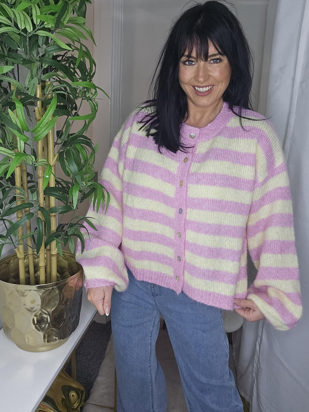 Amelia Striped Cosy Cardigan (One Size from Size 8 up to Size 16) - Lemon/Pink