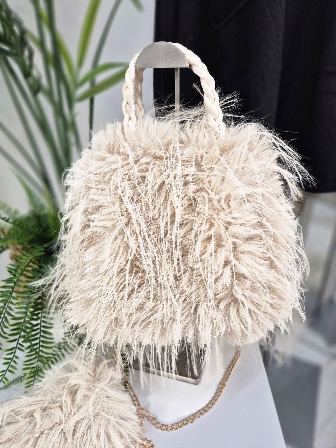 Oslo Faux Fur Shaggy Bag with Dual Handles & Chain Strap - Cream