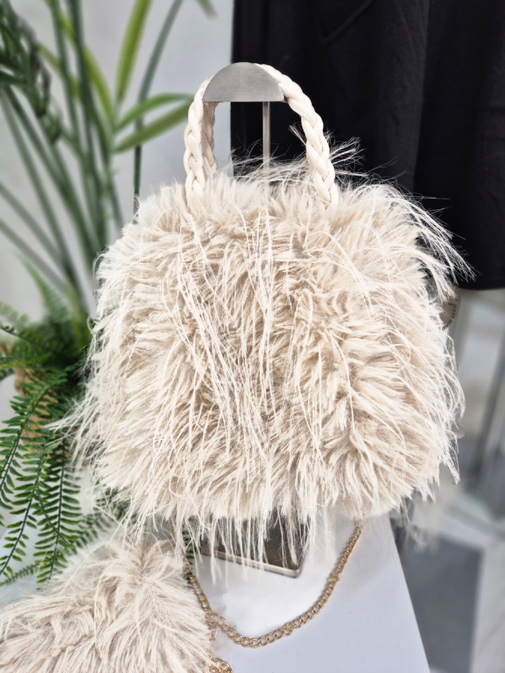 Oslo Faux Fur Shaggy Bag with Dual Handles & Chain Strap - Cream