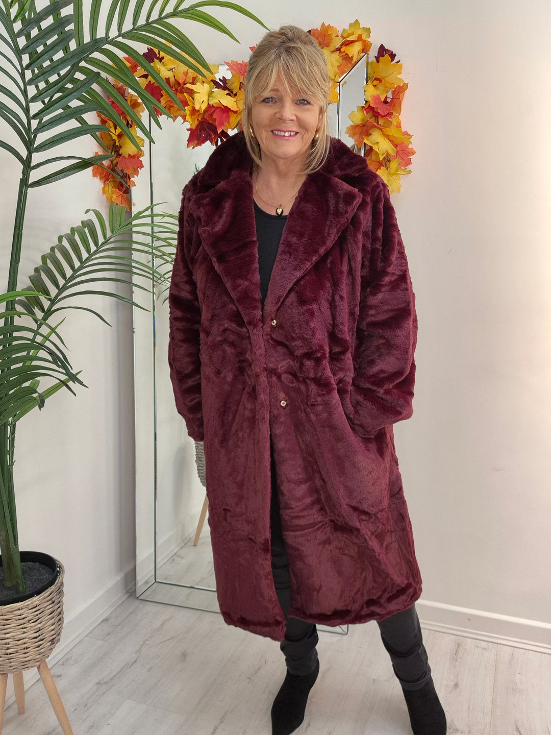 Oslo Faux Fur Longline Coat - Wine (choose your Size)