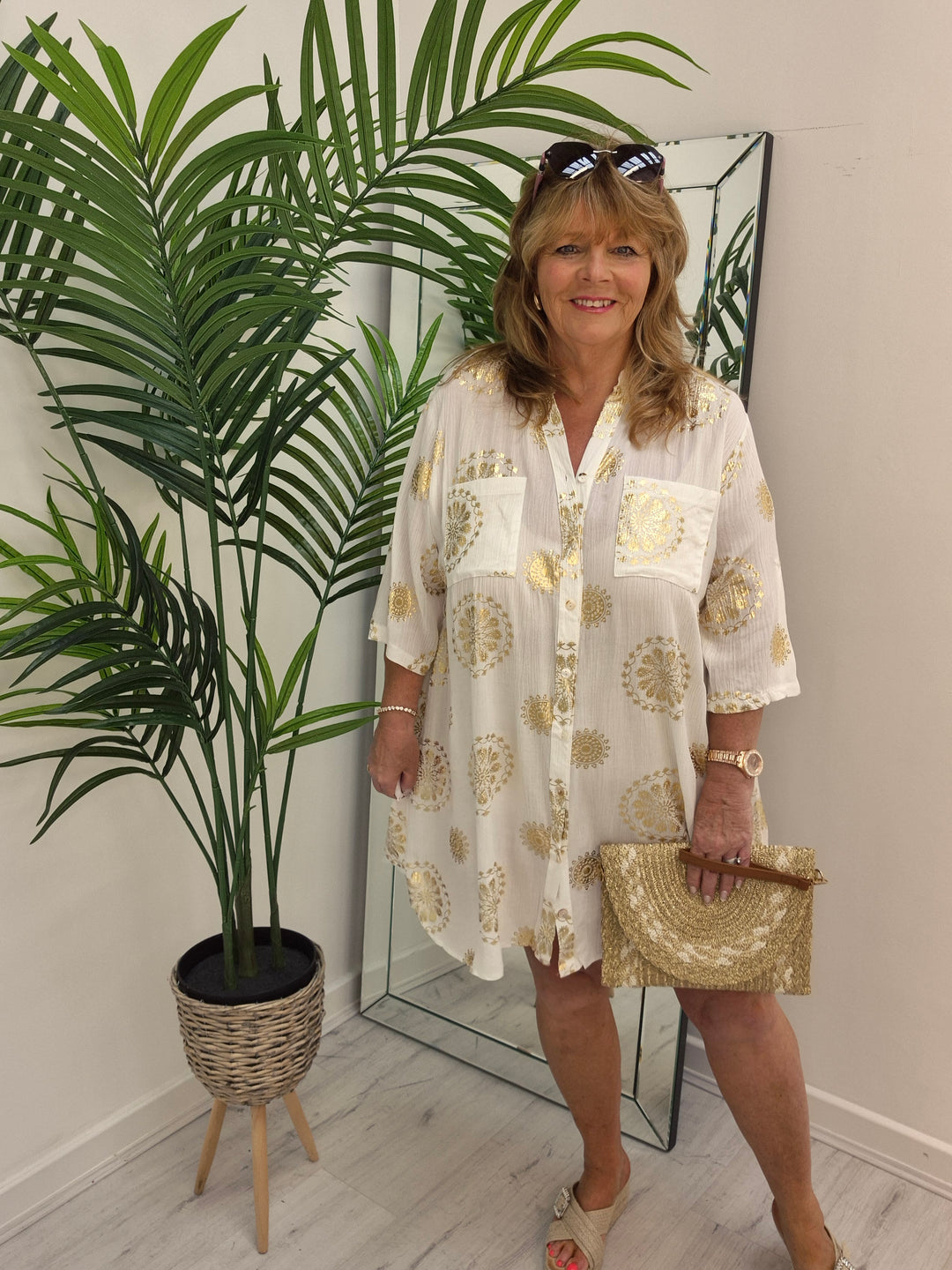 Ibiza Florals Shirt Dress - (Loose Fit) - White/Gold