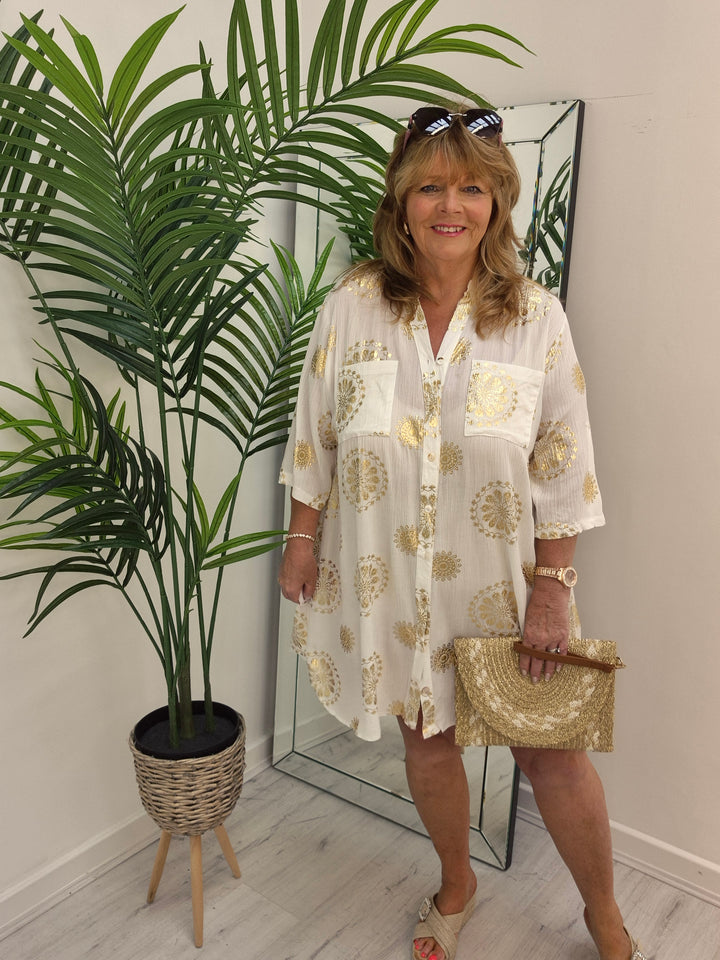 Ibiza Florals Shirt Dress - (Loose Fit) - White/Gold