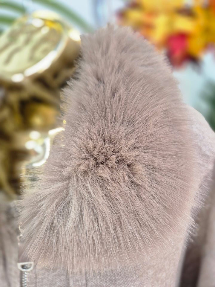 Oslo Faux Fur Hoodie/Cardigan/Jumper - Mocha (One Size fits from Size 12 up to Size 20)