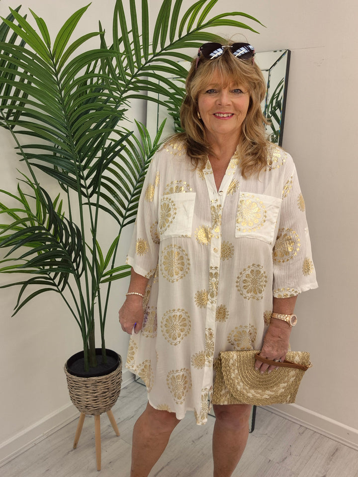 Ibiza Florals Shirt Dress - (Loose Fit) - White/Gold