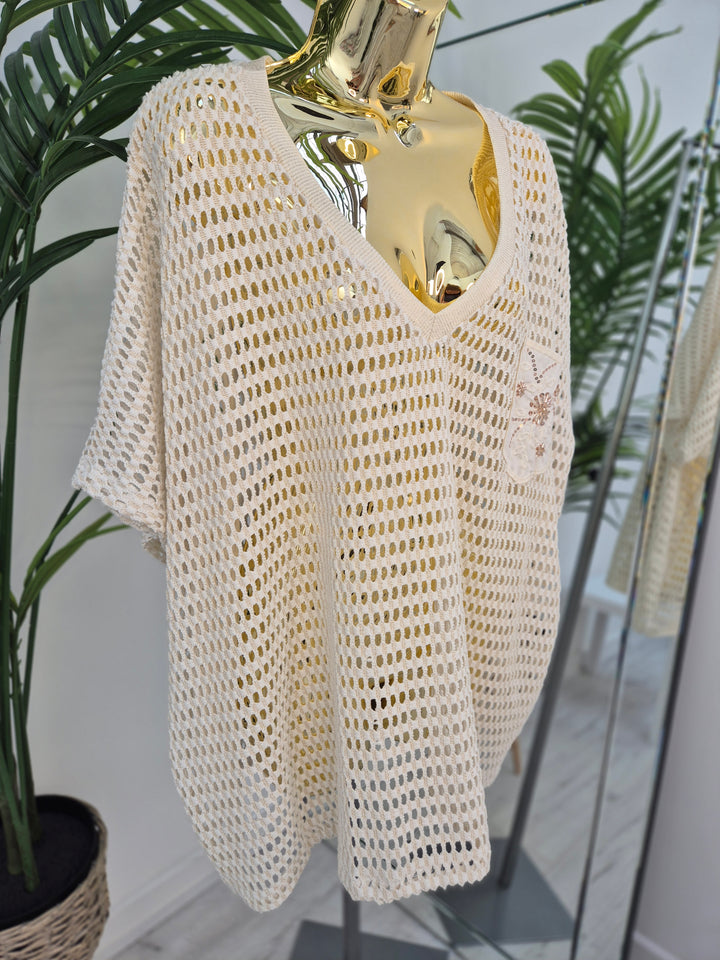 Anna Beaded Crochet Metallic Mesh Top - (choose your Colour) (Curvy)