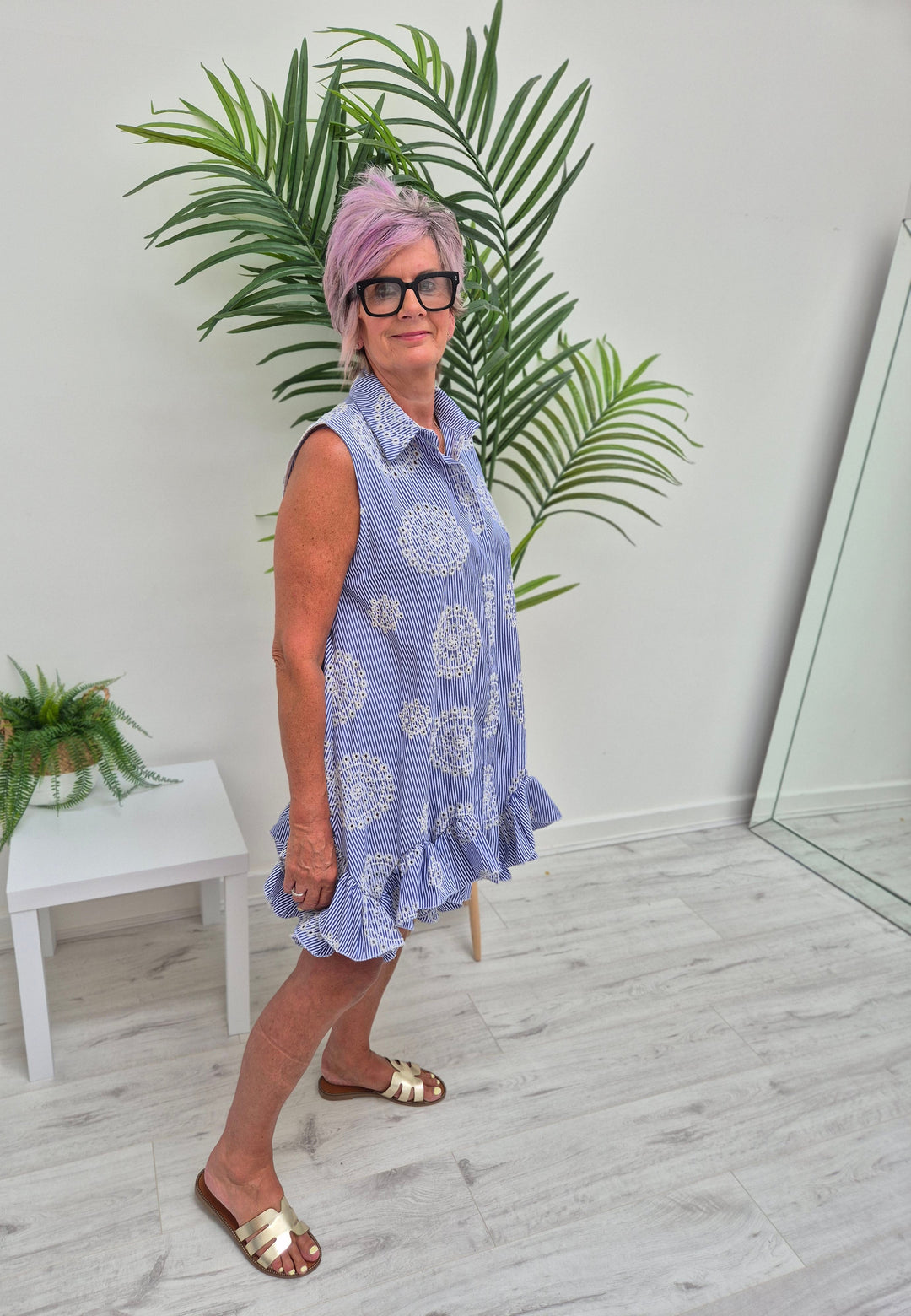 Seville Sleeveless Frilled Hem Dress - (One Size, fitting up to Size 16) - Mid Blue Broderie Anglaise