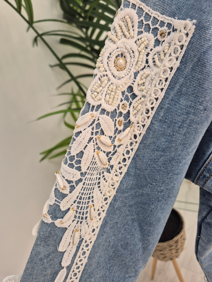 Elle Lace Tassel Denim Jacket - Light/Mid Stonewashed (One Size, fitting from Size 10 up to 14)