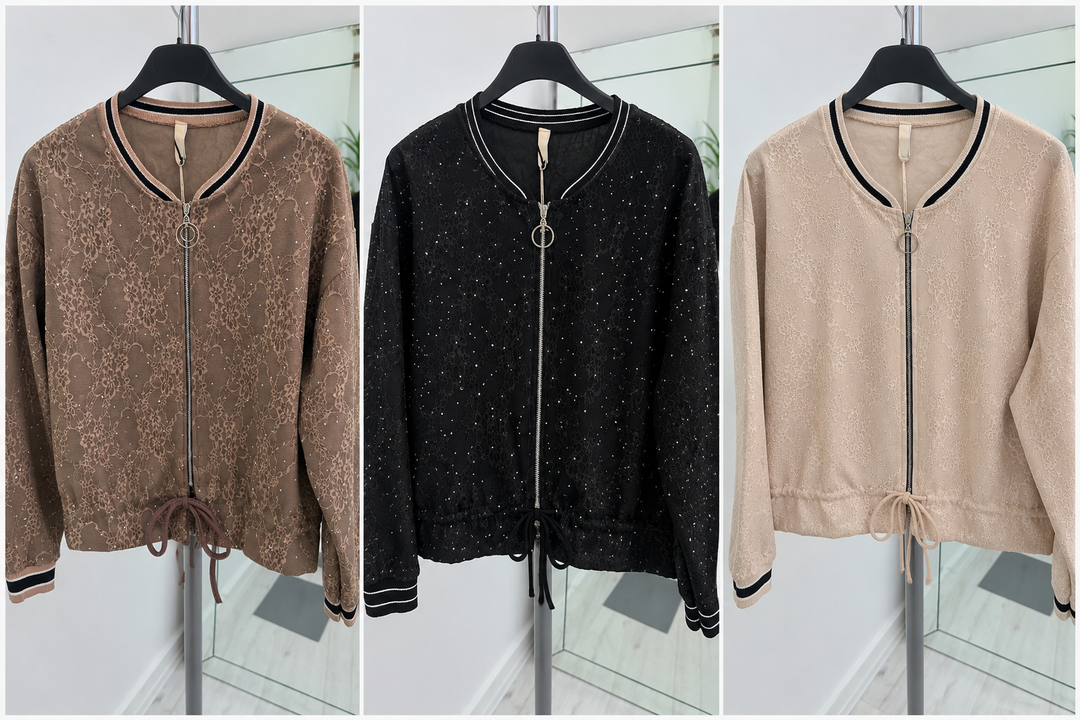 Amelia Lace Sparkle Bomber Jacket (CHOOSE YOUR SIZE) - Mocha