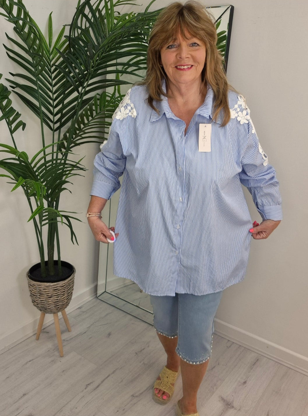 Daisy Lace Sleeve Pin Stripe Blouse - Blue/White - (Oversized)