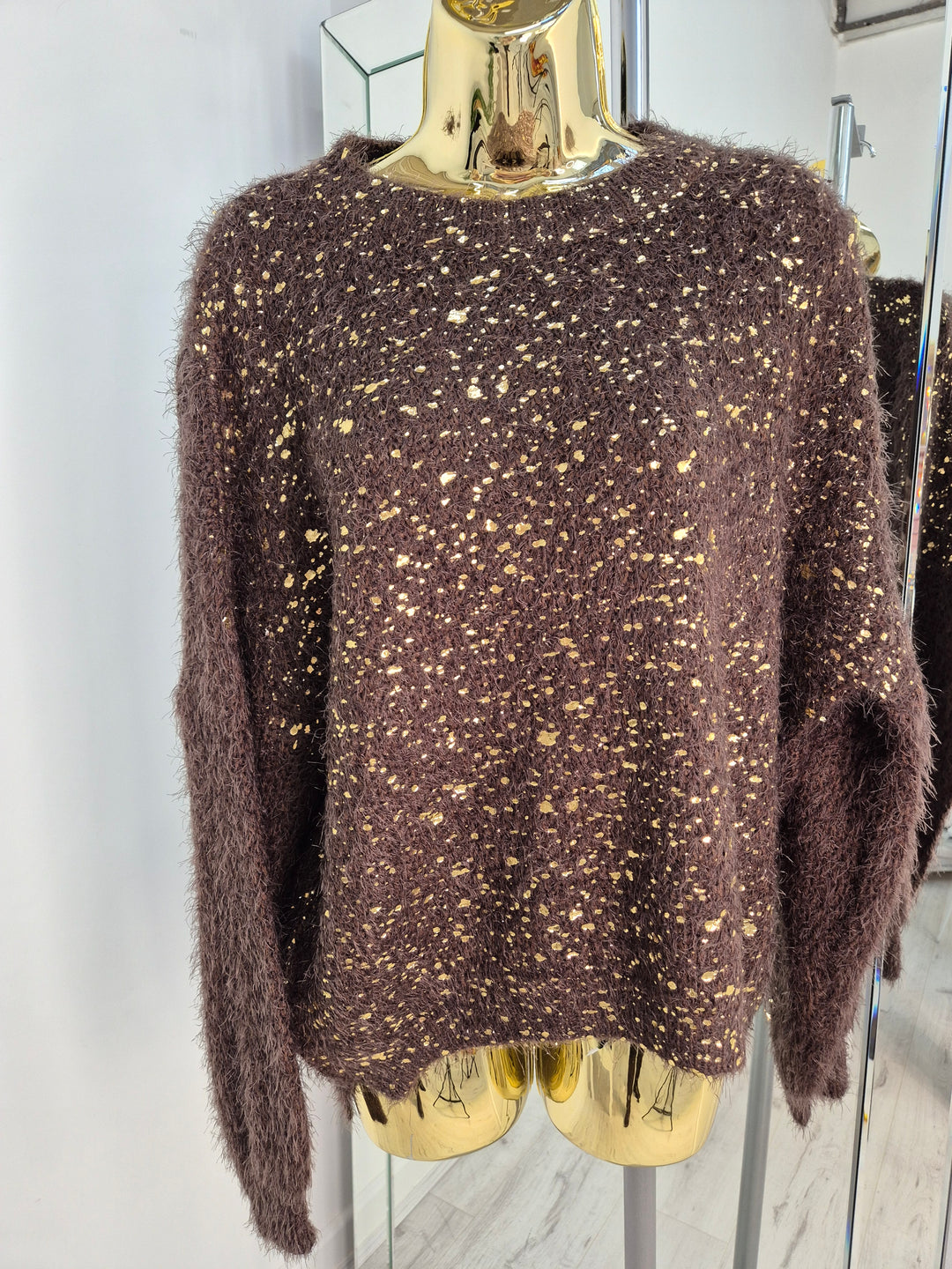Gold Foil Sparkle Jumper - Chocolate (One Size, fits Size 10 up to Size 16)
