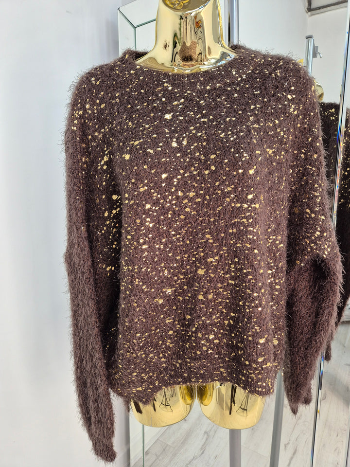 Gold Foil Sparkle Jumper - Chocolate (One Size, fits Size 10 up to Size 16)