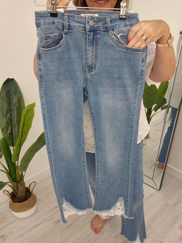 Crystal & Crochet Lace Flare Jeans - (choose your Size)