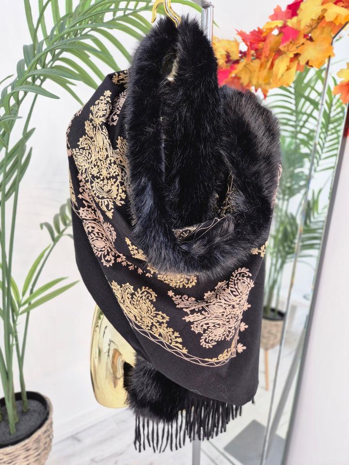Oslo Faux Fur Shawl/Wrap - Black/Gold (Oversized)