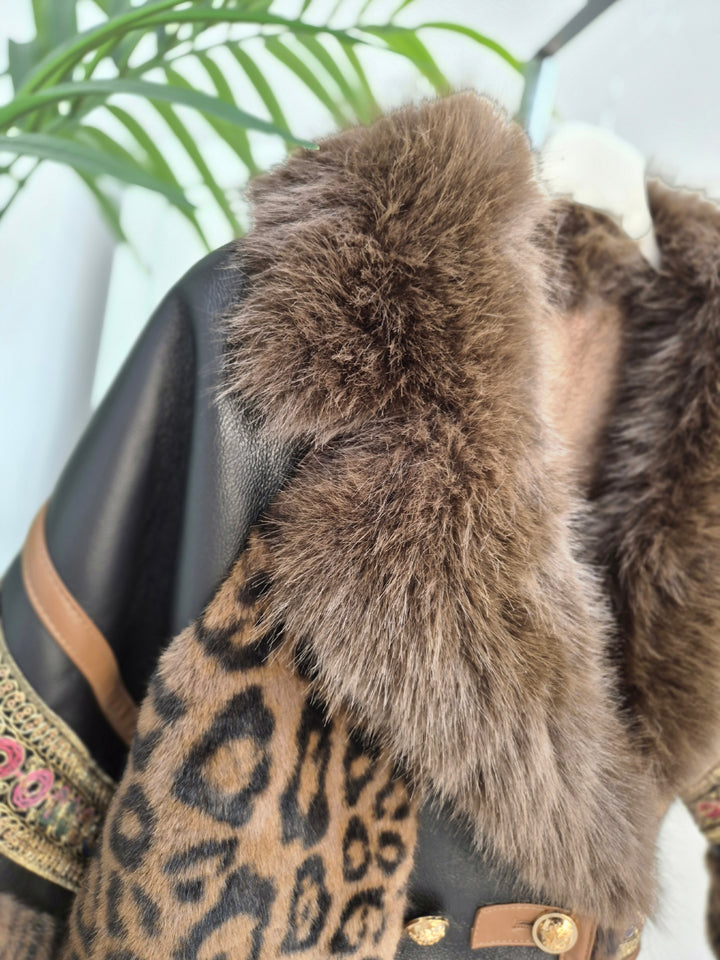 Oslo Faux Fur/Faux Leather Jacket - Chocolate Leopard - (Oversized fits Size 12/14 to Size 18/20/20)