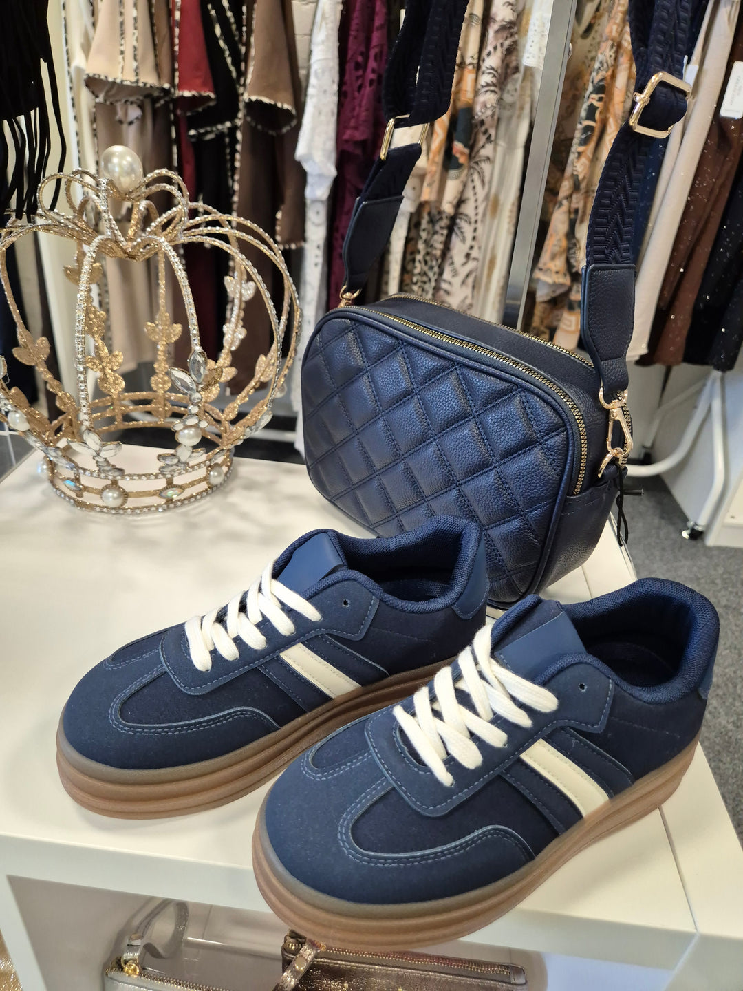 Diamond Quilted Bag - Navy (Gold Tone)