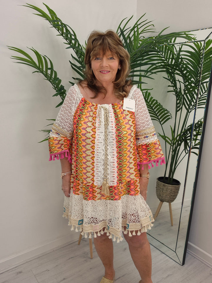 Trinidad Bardot Kaftan/Beach Dress - White/Multi (Oversized)