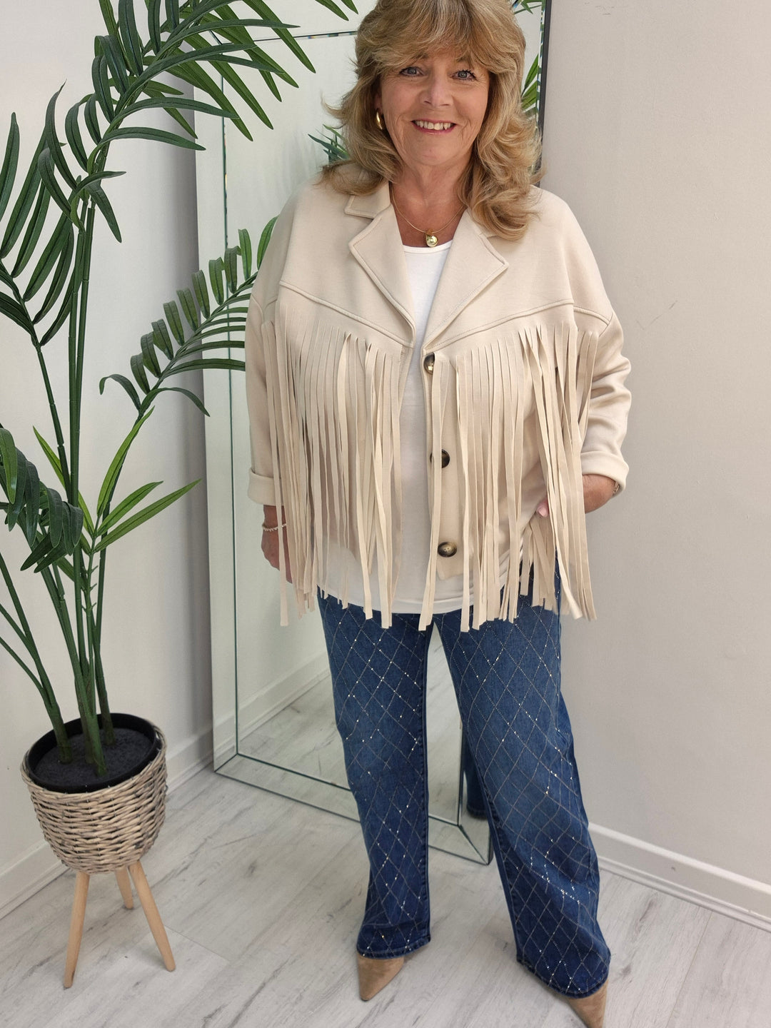 Texas Fringed Jacket  - (One Size fits from Size 12/14 to Size 18) - Beige