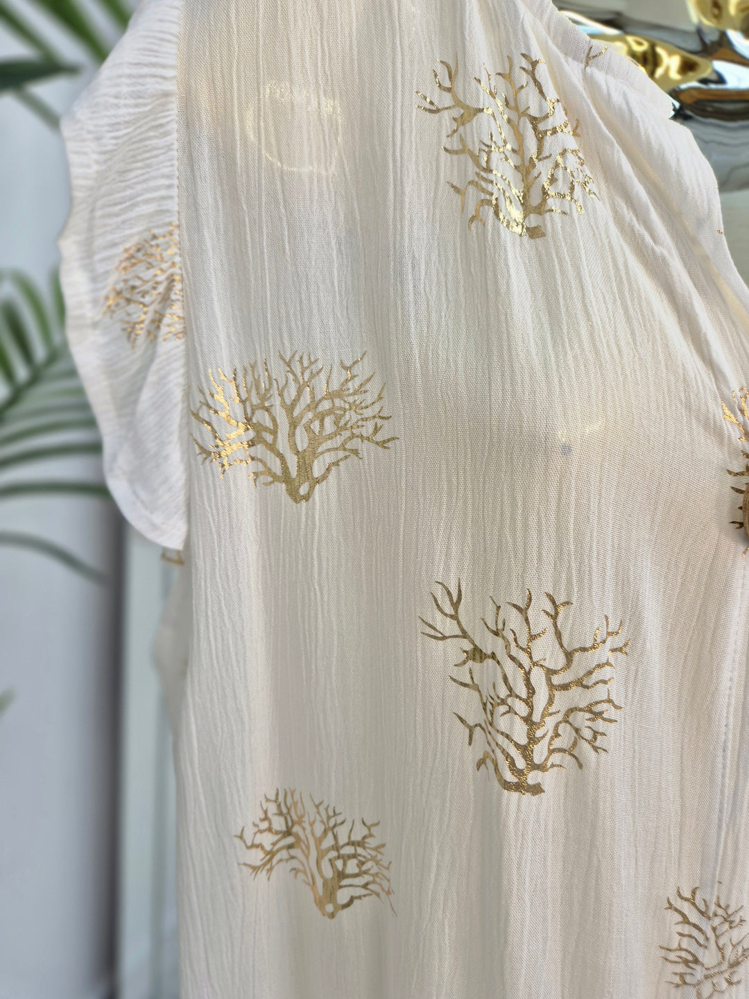 Ibiza Tree of Life Frilled Sleeve Dress - White/Gold - (Loose Fit)