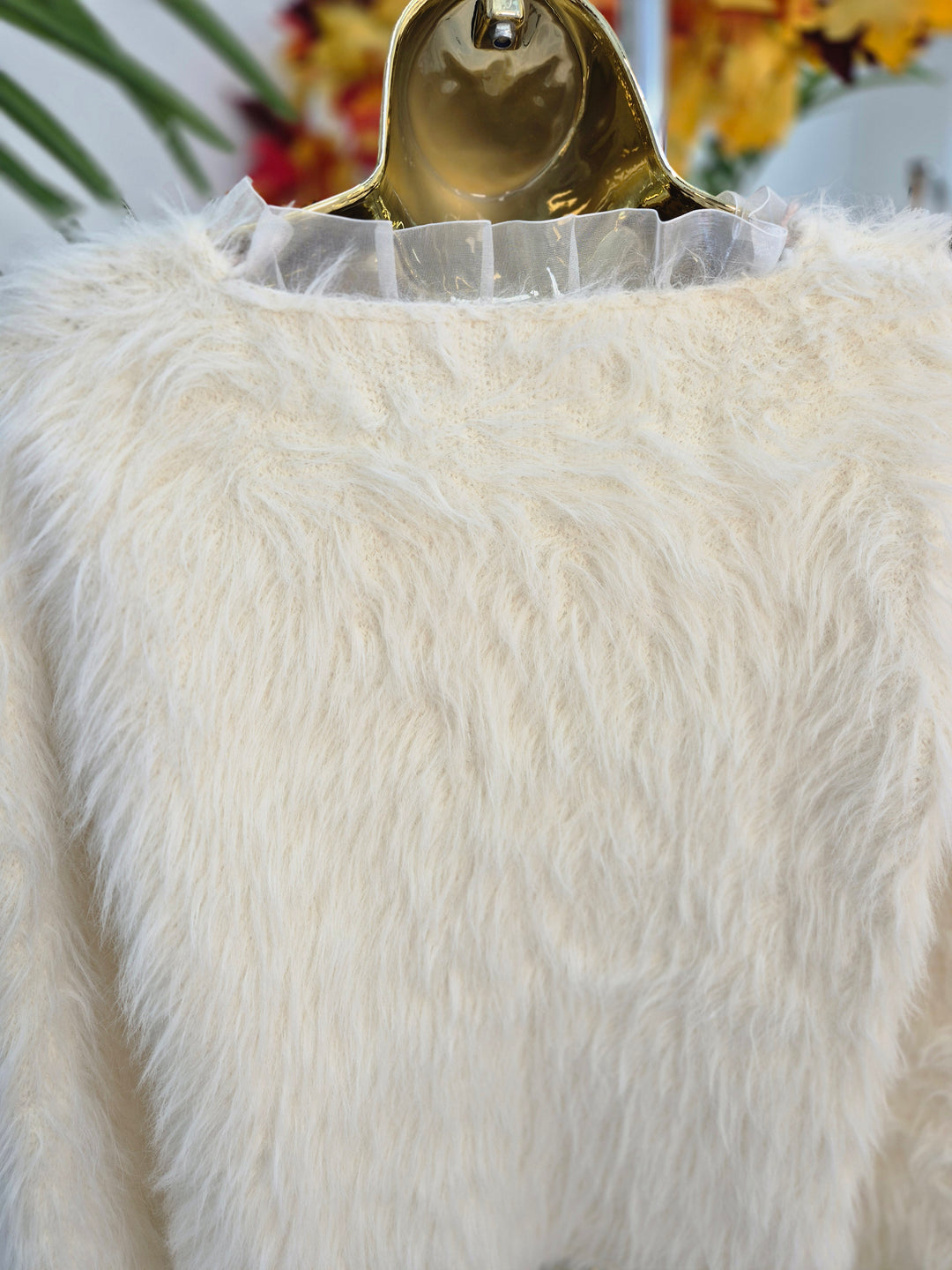 Oslo Fluffy Baroque Buttoned Cardigan - Cream (One Size, fitting from Size 10 up to Size 16)