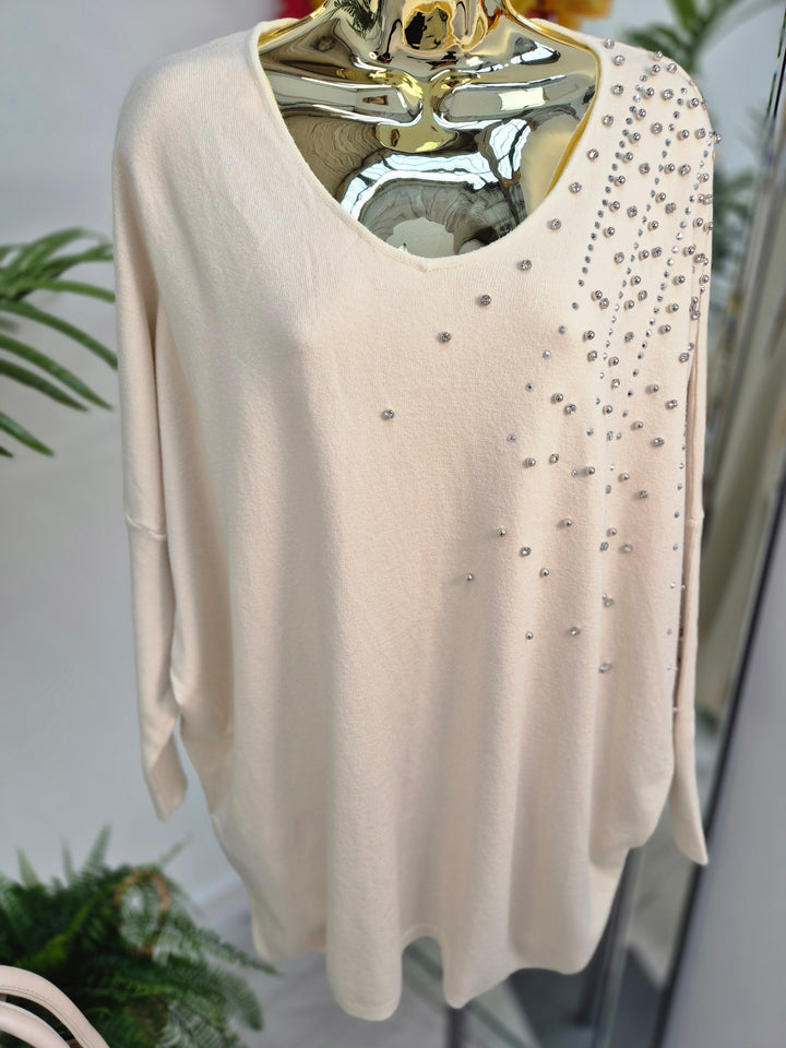 Celine Crystals, Pearls & Diamantes Oversized Jumper with V Neck (choose your Colour) (One Size/Curvy, fits from Size 12 up to Size 18)