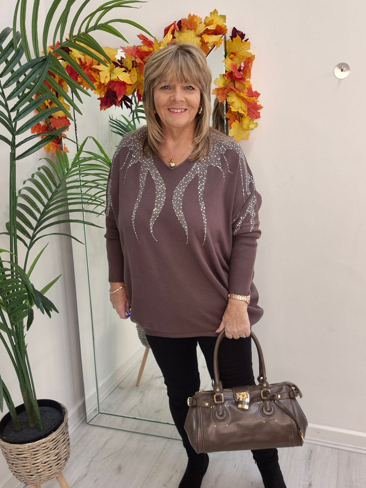 Sasha Sparkle Oversized Jumper - Chocolate (fitting from Size 14 up to Size 20)