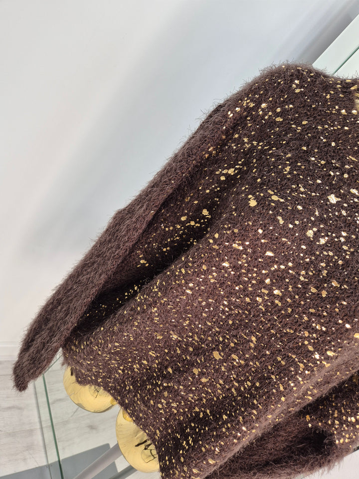 Gold Foil Sparkle Jumper - Chocolate (One Size, fits Size 10 up to Size 16)