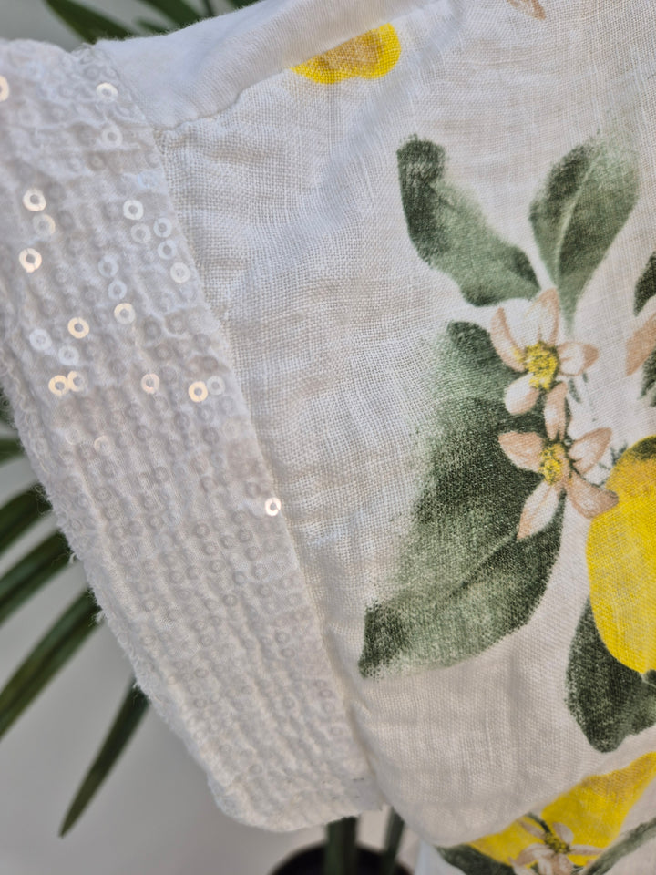 Santorini Sequin Trim Top - White/Lemon