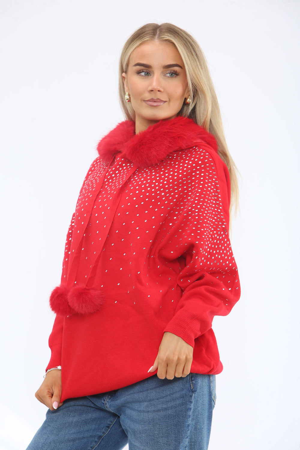Oslo Faux Fur Sparkly Hoodie - Red (One Size fits from Size 10/12 up to Size 18)