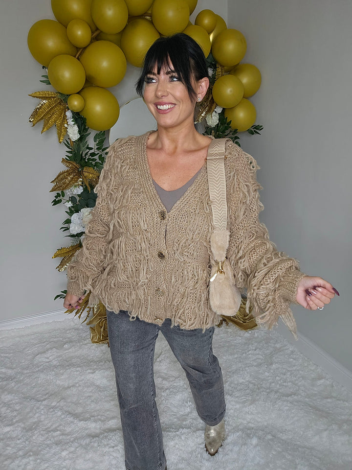 Shaggy Cardigan with Gold Buttons (Oversized) Long Length - Camel