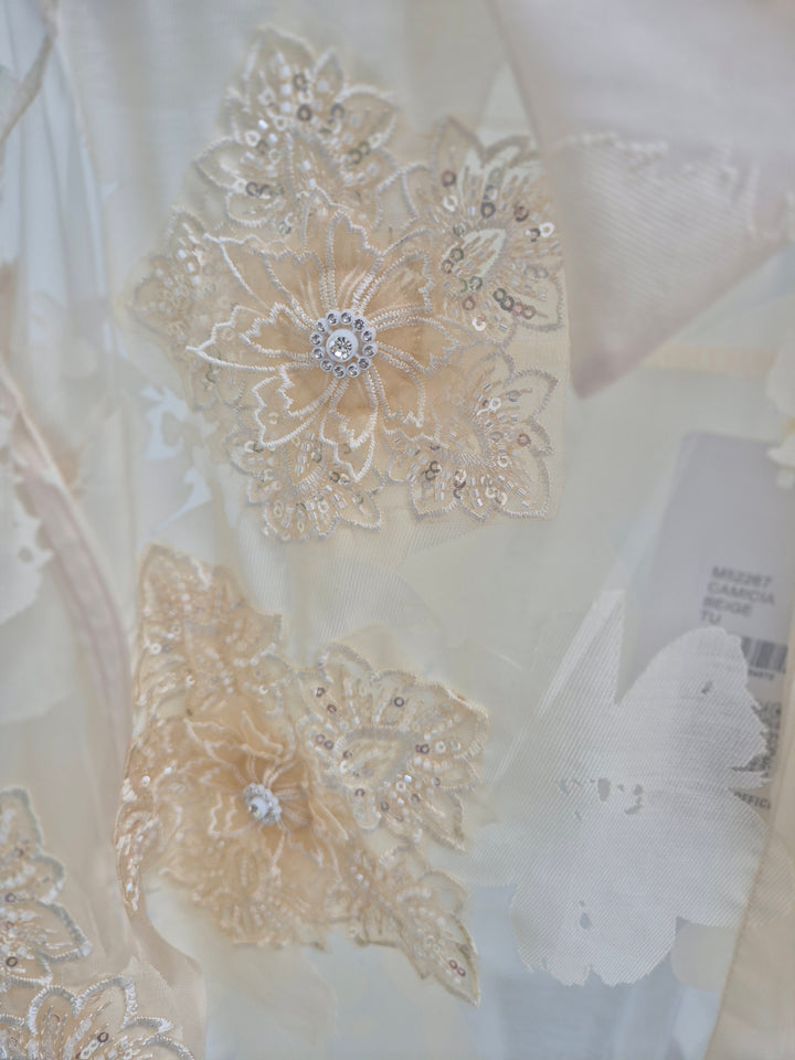 Valencia Ornate Blouse with Crystals & 3D Applique Sparkle - Stone (One Size, fits from Size 12 up to Size 16/Small Busted Size 18)