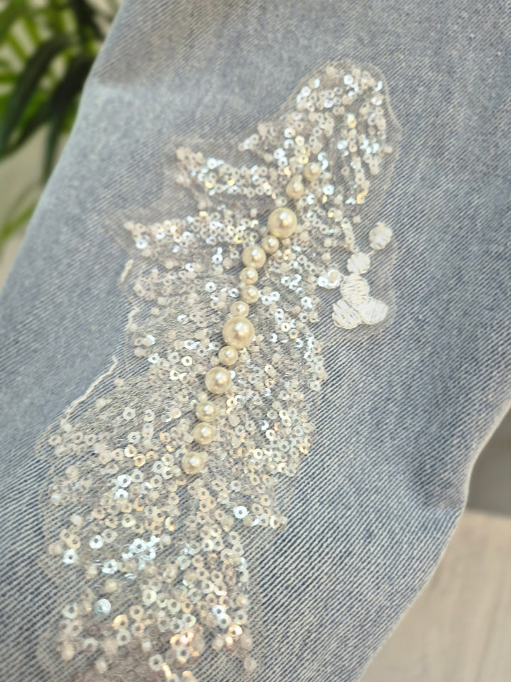 Angelica Crystal & Pearl Denim Jacket - Stonewashed (Oversized)