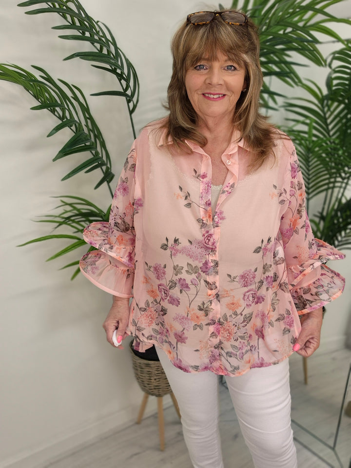 Alba Floral Chiffon Double Fluted Sleeve Blouse - (choose your Colour) - (Oversized)