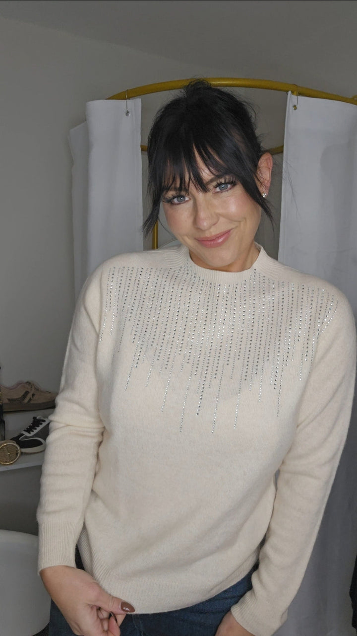 Krystle Diamante High Neck Jumper - Cream (One Size, fits from Size 8 up to Size 14)