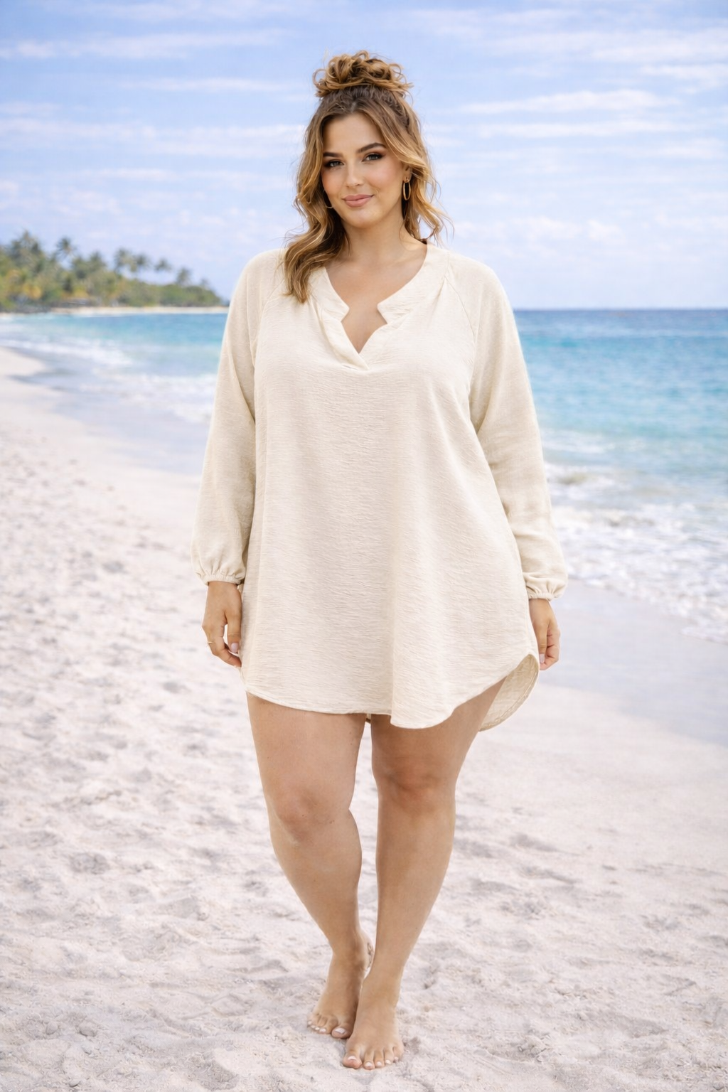 Mandy Mandarin Collar Blouse - Latte (One Size/Curvy - fitting from Size 16 up to Size 20)