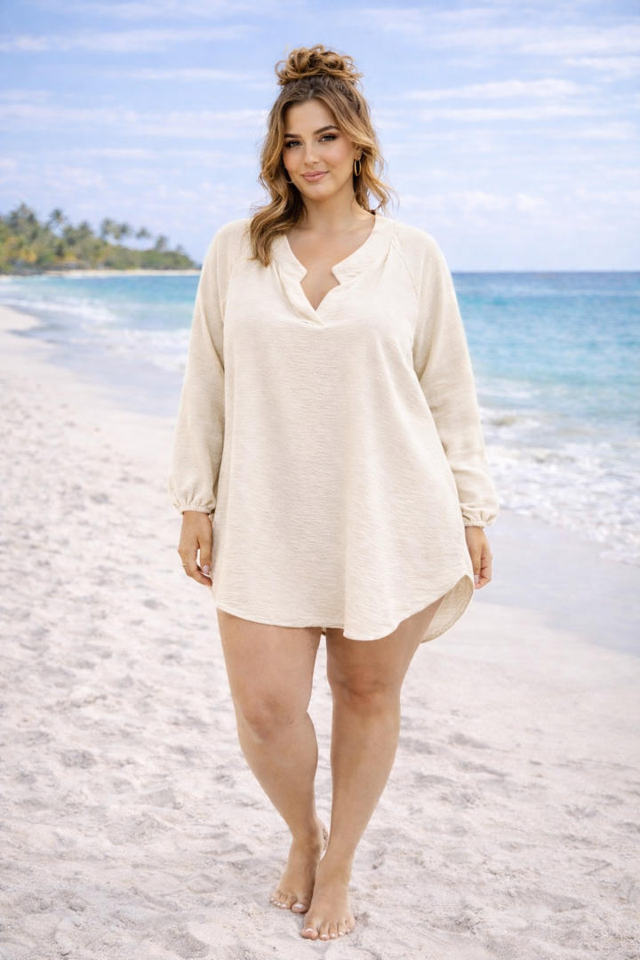 Mandy Mandarin Collar Blouse - Latte (One Size/Curvy - fitting from Size 16 up to Size 20)