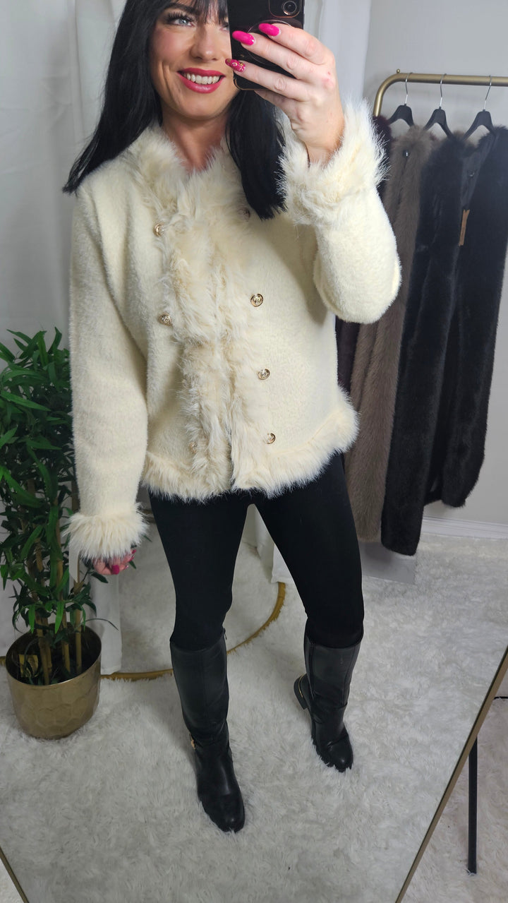 Oslo Faux Fur Cardigan/Jumper with Baroque Buttons  - Cream (One Size fits from Size 8/10 up to Size 14/16)