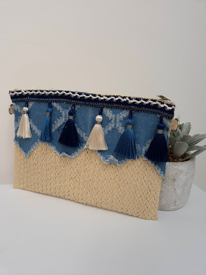 Boho Denim & Tassels Clutch Bag - Denim