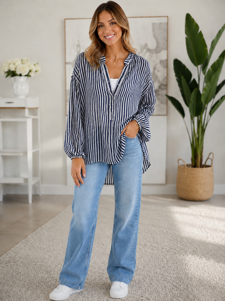 Pippa Pin Stripe Oversized Shirt - Navy (One Size/Curvy, fitting from Size 12/14 up to Size 18