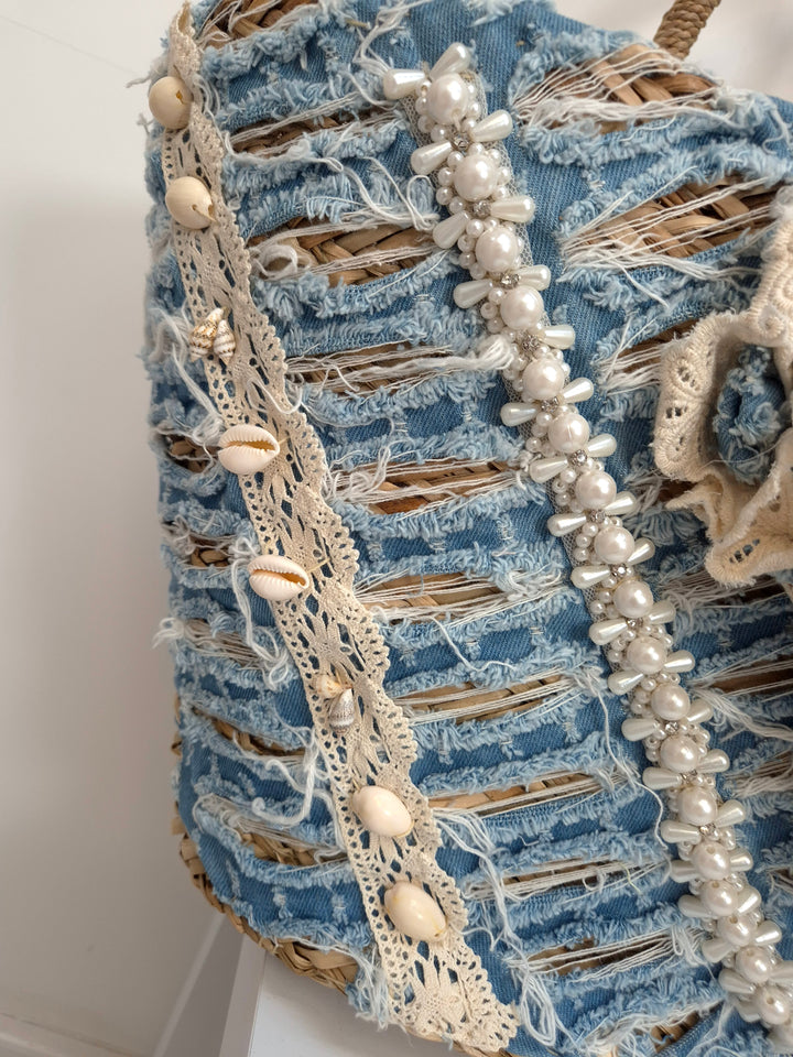 Stonewashed Denim Beach Bag with Pearls and Crystals