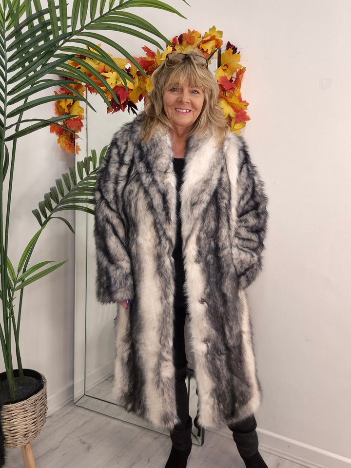 Oslo Faux Fur Longline Coat - White/Silver Grey (One Size - fitting Size 10 up to Size 16/18)